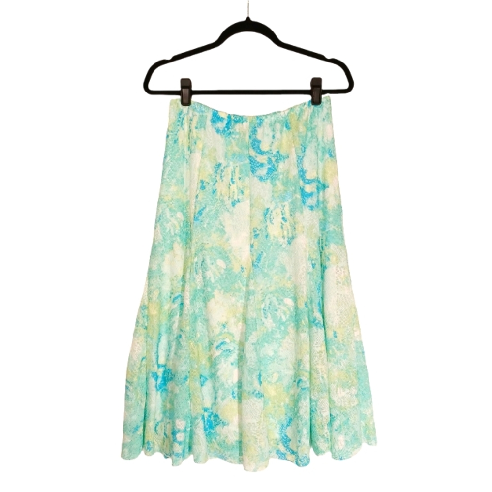 RUBY RD. Green Blue White Print Open Pleat Hem A Line Midi Stretchy Skirt 8P